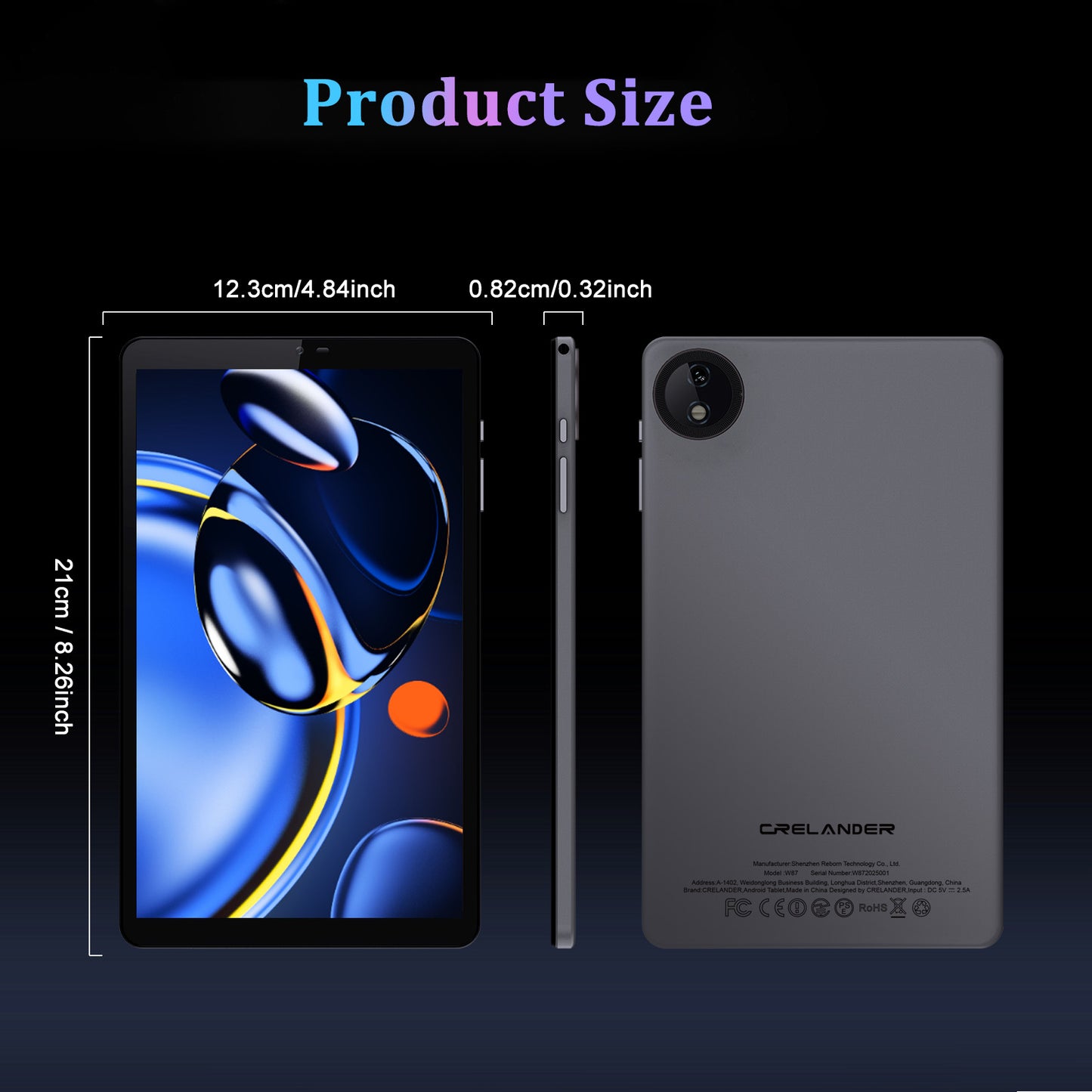 CRELANDER W87 Android Tablet, 8.68Inch Android 15 Tablet with 1340*800/60Hz