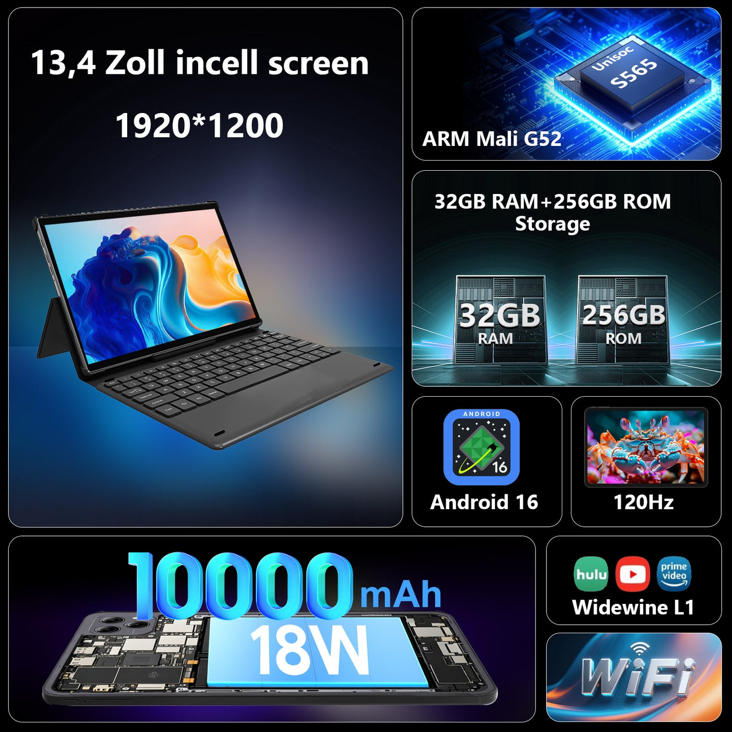 CRELANDER T66 Tablet 13.4 Inch Android 16 Tablets 120Hz Display