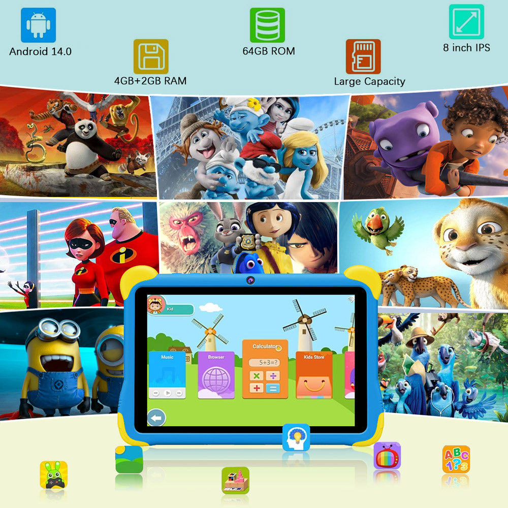 BWJBSW Kindertablet 8 Inch – Android 14, 2,0 GHz Quad-core, 3GB RAM, 32GB, Oogbescherming, Met Google Kids Space, Ideaal Cadeau